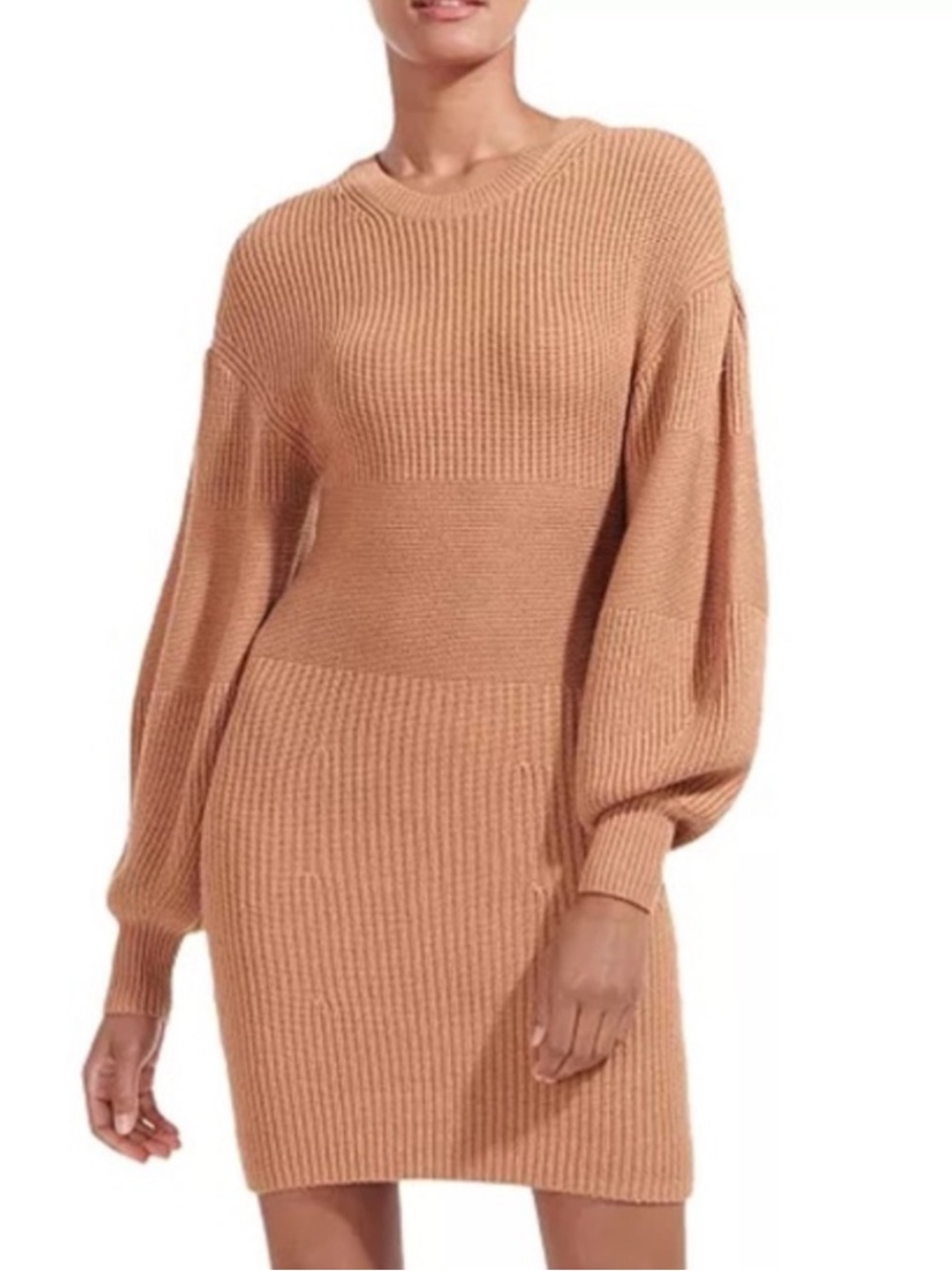 STAUD Marylebone Knit Dresss Ribbed Mini Sweater Dress in Camel Sz M fall winter